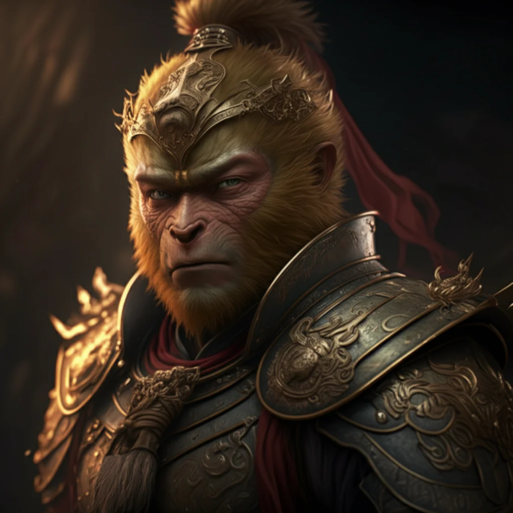 Ritratto cinematografico di Sun Wukong da Black Myth: Wukong, dettagli elevati sull'armatura dorata e sul pelo scimmiesco, illuminazione drammatica laterale che crea forti contrasti, stile film noir, 35mm portrait, profondità di campo ridotta.