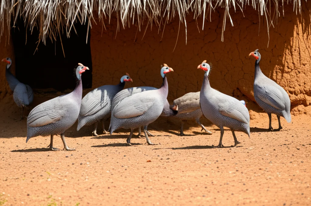 Un gruppo di faraone (Numida meleagris) di razza Lavender in un allevamento semi-intensivo nel Ghana settentrionale, razzolano su terreno terroso vicino a un riparo tradizionale fatto di fango e paglia. Luce solare diretta del mezzogiorno che crea ombre nette. Fotografia naturalistica, obiettivo teleobiettivo zoom 100-400mm, scatto rapido per catturare il movimento naturale degli uccelli, alta definizione.