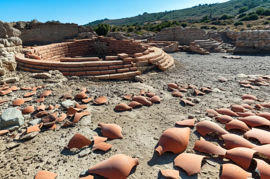 Veduta fotorealistica del sito archeologico di Los Matagallares sulla costa di Granada, con resti parzialmente scavati di fornaci circolari in mattoni e numerosi frammenti di anfore romane sparsi in primo piano. Luce del mattino che illumina le rovine e il paesaggio collinare circostante. Obiettivo grandangolare 20mm, messa a fuoco nitida su tutta la scena, dettagli realistici della pietra e della ceramica.