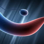 Concetto visivo astratto che rappresenta la torsione testicolare e la corsa contro il tempo, usando forme fluide e colori contrastanti (blu freddo e rosso allarme), illuminazione drammatica laterale, obiettivo macro 60mm, alta definizione, per simboleggiare l'urgenza medica.