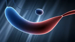 Concetto visivo astratto che rappresenta la torsione testicolare e la corsa contro il tempo, usando forme fluide e colori contrastanti (blu freddo e rosso allarme), illuminazione drammatica laterale, obiettivo macro 60mm, alta definizione, per simboleggiare l'urgenza medica.