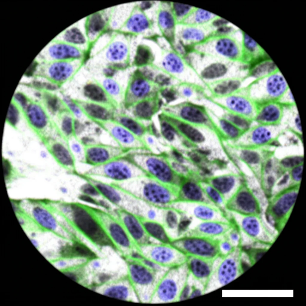Immagine al microscopio ad alta risoluzione di tessuto vescicale murino infiammato. Si notano cellule PDGFRα+ (evidenziate con fluorescenza verde stilizzata) proliferate nella regione suburoteliale, circondate da un'abbondante matrice extracellulare densa (fibre di collagene simili a cicatrice). Lente macro 90mm, illuminazione da laboratorio controllata, focus preciso sulle cellule trasformate e sulla fibrosi tissutale.