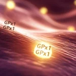 Immagine concettuale astratta del cancro gastrico con enzimi Glutatione Perossidasi (GPx) sovrapposti, alcuni luminosi (protettivi, come GPx1) altri scuri (dannosi, come GPx3/5/6/7), su uno sfondo di cellule dello stomaco stilizzate. Prime lens, 50mm, depth of field, illuminazione contrastata, colori caldi (pericolo) e freddi (protezione) per rappresentare la dualità del ruolo delle GPx.