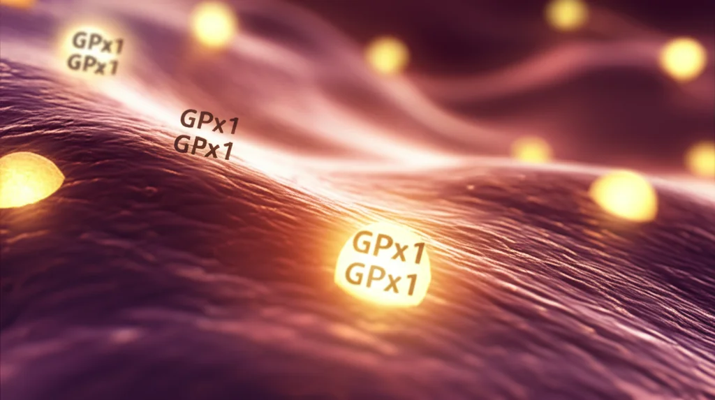 Immagine concettuale astratta del cancro gastrico con enzimi Glutatione Perossidasi (GPx) sovrapposti, alcuni luminosi (protettivi, come GPx1) altri scuri (dannosi, come GPx3/5/6/7), su uno sfondo di cellule dello stomaco stilizzate. Prime lens, 50mm, depth of field, illuminazione contrastata, colori caldi (pericolo) e freddi (protezione) per rappresentare la dualità del ruolo delle GPx.