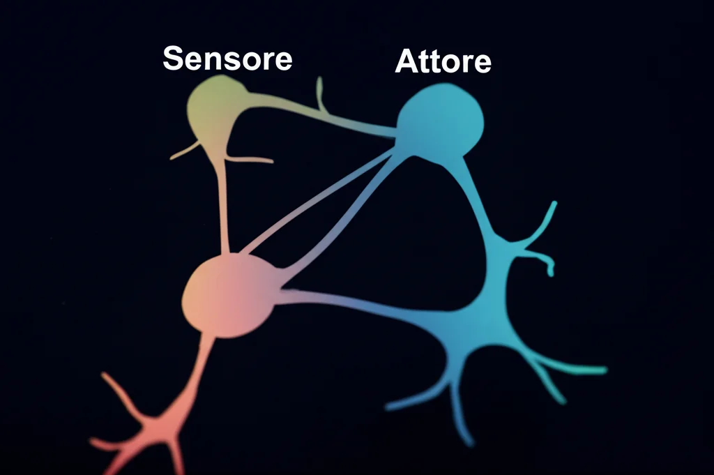 Immagine concettuale fotorealistica che illustra la coordinazione intergruppo: due reti neurali stilizzate interconnesse, una etichettata 'Sensore' e l'altra 'Attore', che collaborano per guidare un punto luminoso verso un bersaglio su uno sfondo scuro. Profondità di campo ridotta, obiettivo prime 50mm, illuminazione soffusa che evidenzia le connessioni.