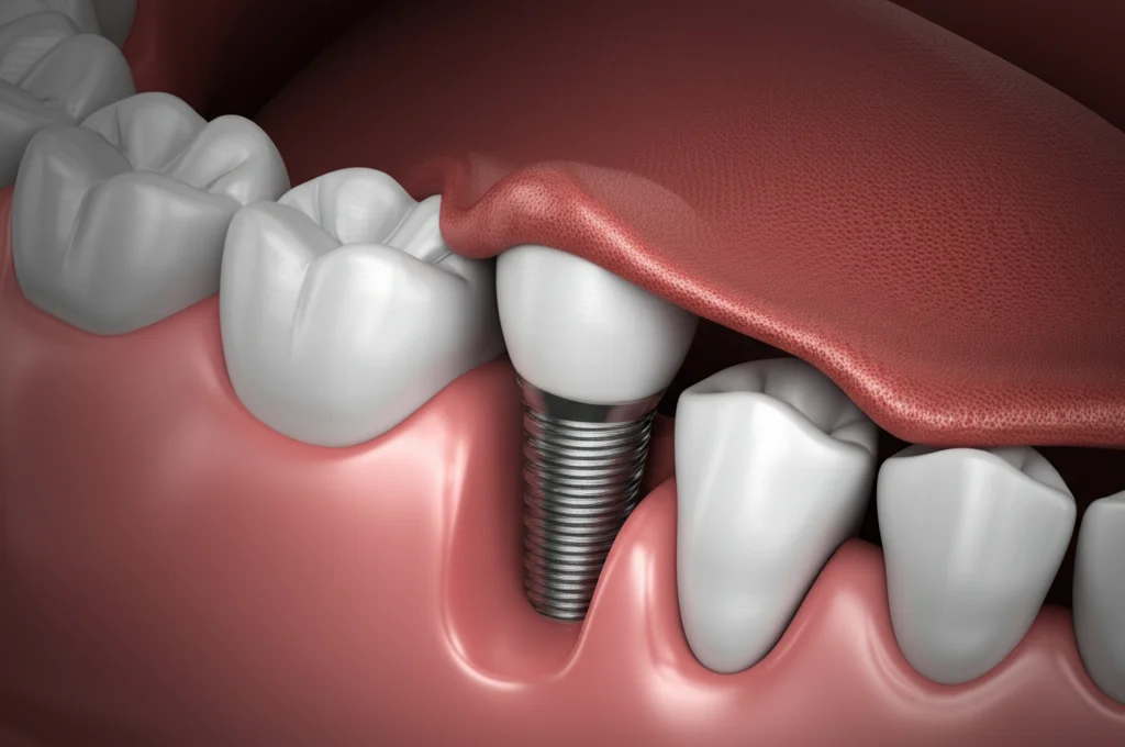 Immagine fotorealistica concettuale che mostra un impianto dentale rivestito di idrossiapatite inserito nell'osso, con una membrana L-PRF vicina, simboleggiando l'osteointegrazione avanzata, profondità di campo, illuminazione da studio, lente 50mm.
