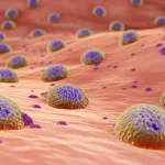 Immagine fotorealistica di cellule immunitarie (linfociti T in primo piano) che pattugliano il tessuto del colon, con alcune cellule che mostrano segni precoci di trasformazione tumorale sullo sfondo. Prime lens, 35mm, profondità di campo ridotta per focalizzare sulle cellule immunitarie, illuminazione naturale diffusa, colori realistici.
