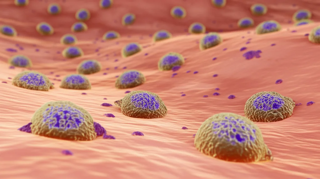 Immagine fotorealistica di cellule immunitarie (linfociti T in primo piano) che pattugliano il tessuto del colon, con alcune cellule che mostrano segni precoci di trasformazione tumorale sullo sfondo. Prime lens, 35mm, profondità di campo ridotta per focalizzare sulle cellule immunitarie, illuminazione naturale diffusa, colori realistici.