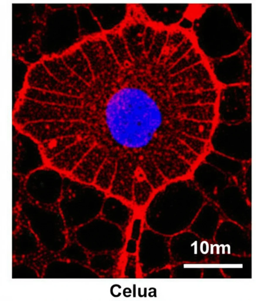 Microscopia confocale ad alta risoluzione che mostra vescicole rivestite di clatrina (giallo fluorescente) che gemmano dalla membrana plasmatica (blu) di una cellula, con la proteina RAB23 (rosso fluorescente) localizzata nei siti di gemmazione. Obiettivo macro 100mm, illuminazione controllata, alta definizione.