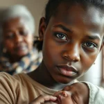 Primo piano ritratto di una giovane madre adolescente sudafricana che tiene in braccio il suo bambino piccolo. Sullo sfondo, leggermente sfocata, si intravede la figura protettiva ma forse giudicante di una donna più anziana (la nonna/caregiver). L'espressione sul volto dell'adolescente è complessa: amore materno, responsabilità, ma anche stanchezza e un velo di incertezza. Obiettivo prime 50mm, profondità di campo ridotta per focalizzare sull'adolescente e il bambino, luce naturale morbida che entra da una finestra, colori caldi e realistici per sottolineare l'umanità della scena.