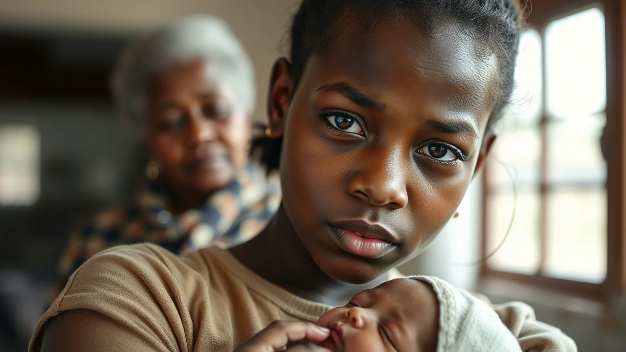 Primo piano ritratto di una giovane madre adolescente sudafricana che tiene in braccio il suo bambino piccolo. Sullo sfondo, leggermente sfocata, si intravede la figura protettiva ma forse giudicante di una donna più anziana (la nonna/caregiver). L'espressione sul volto dell'adolescente è complessa: amore materno, responsabilità, ma anche stanchezza e un velo di incertezza. Obiettivo prime 50mm, profondità di campo ridotta per focalizzare sull'adolescente e il bambino, luce naturale morbida che entra da una finestra, colori caldi e realistici per sottolineare l'umanità della scena.