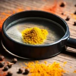 Spezie colorate (curcuma, paprika, pepe nero) sparse su una superficie di legno scuro e rustico, con una lente d'ingrandimento posizionata sopra una piccola quantità di polvere di curry, suggerendo analisi e ispezione. Fotografia macro con obiettivo da 100mm, alta definizione dei dettagli delle spezie e della lente, illuminazione drammatica laterale per creare contrasto.