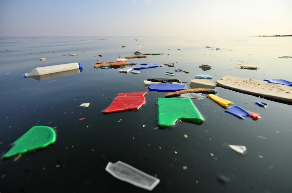 Fotografia grandangolare della superficie oceanica calma al mattino, con luce diffusa. In primo piano, diversi pezzi di detriti plastici galleggianti (bottiglie, frammenti colorati) creano un pattern innaturale sull'acqua. Sott'acqua, appena visibili, si intravedono piccole forme di vita planctonica. Obiettivo grandangolare 15mm, messa a fuoco nitida sulla superficie e sui detriti, leggera foschia mattutina.