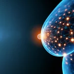 Immagine concettuale che combina una termografia del seno stilizzata con elementi grafici di una rete neurale, simboleggiando l'unione tra termografia e intelligenza artificiale per la diagnosi del cancro al seno, colori blu e arancione duotono, profondità di campo.