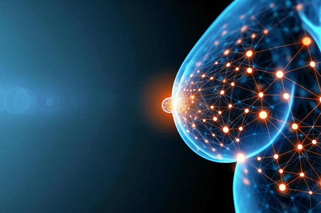 Immagine concettuale che combina una termografia del seno stilizzata con elementi grafici di una rete neurale, simboleggiando l'unione tra termografia e intelligenza artificiale per la diagnosi del cancro al seno, colori blu e arancione duotono, profondità di campo.