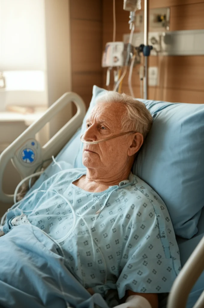 Immagine fotorealistica di un paziente anziano con cannula nasale ad alti flussi (HFNO) in un letto d'ospedale, espressione serena ma contesto clinico evidente, luce naturale dalla finestra, obiettivo 50mm, profondità di campo media.