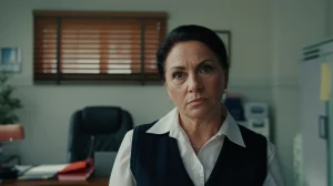 Ritratto fotografico intenso e realistico di una donna matura (sui 50-60 anni) con un'espressione determinata e ambigua, che potrebbe rappresentare una figura di potere locale come Vicky Barahona. Ambientazione sobria, forse un ufficio municipale poco illuminato. Obiettivo prime 50mm, stile film noir, leggero contrasto, profondità di campo per isolare il soggetto.