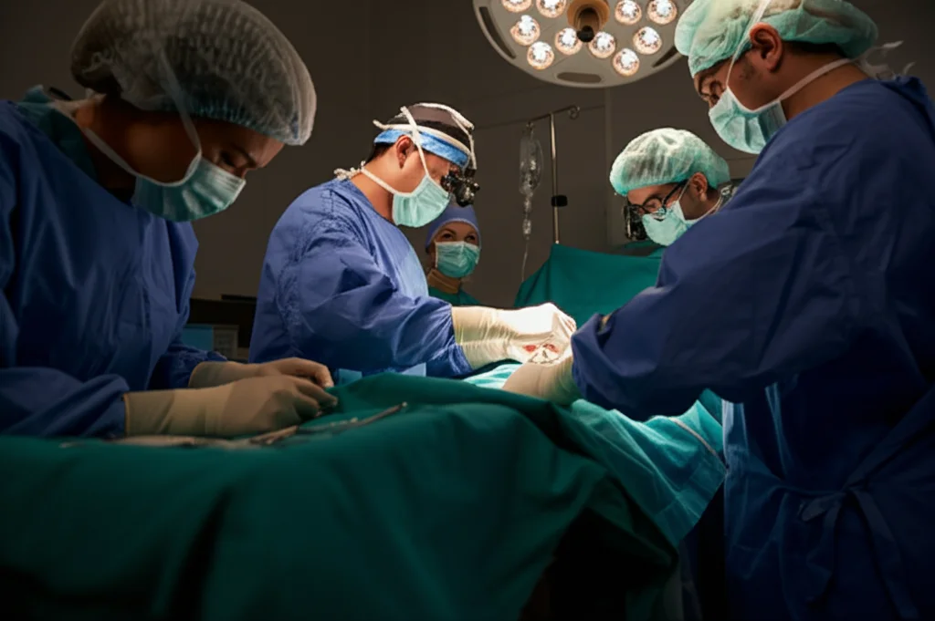 Team medico interprofessionale (ostetrica, ginecologo, anestesista, infermiera) che collabora con urgenza e coordinazione attorno a una paziente in sala parto durante un'emergenza di emorragia post-partum. Luce drammatica ma focalizzata sull'azione, espressioni concentrate. Obiettivo 35mm, profondità di campo per isolare il team, stile fotorealistico ad alto dettaglio.