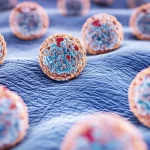 Visualizzazione concettuale di vescicole extracellulari sferiche derivate dal probiotico Lactiplantibacillus plantarum (LpEVs) che interagiscono con macrofagi all'interno degli alveoli polmonari, riducendo l'infiammazione (simboleggiata da un colore più freddo/calmo) e inibendo la ferroptosi (simboleggiata da meno particelle di ferro/stress ossidativo). Obiettivo 50mm, profondità di campo ridotta, illuminazione suggestiva ma chiara.