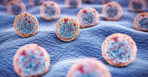 Visualizzazione concettuale di vescicole extracellulari sferiche derivate dal probiotico Lactiplantibacillus plantarum (LpEVs) che interagiscono con macrofagi all'interno degli alveoli polmonari, riducendo l'infiammazione (simboleggiata da un colore più freddo/calmo) e inibendo la ferroptosi (simboleggiata da meno particelle di ferro/stress ossidativo). Obiettivo 50mm, profondità di campo ridotta, illuminazione suggestiva ma chiara.