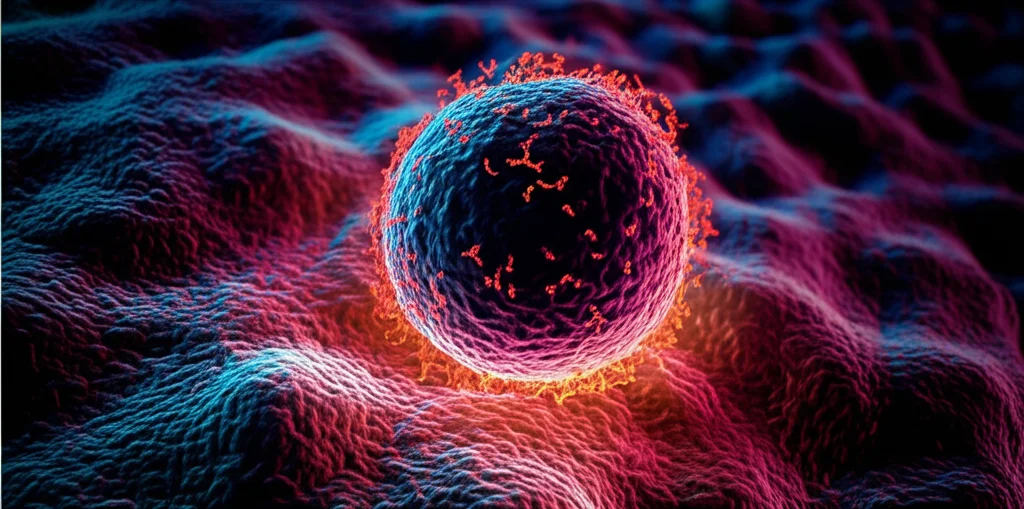 Visualizzazione concettuale fotorealistica di una nanoparticella CSIR che attacca una cellula di osteosarcoma, con effetti luminosi che rappresentano PDT/PTT e ferroptosi, obiettivo macro 105mm, illuminazione controllata.
