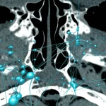 Visualizzazione fotorealistica di una rete neurale convoluzionale (CNN) astratta con nodi luminosi e connessioni, sovrapposta a una scansione TC in bianco e nero dei seni paranasali umani. L'immagine combina elementi high-tech con l'anatomia medica, utilizzando un obiettivo 35mm con profondità di campo per mettere a fuoco l'interfaccia tra AI e immagine medica, stile duotone blu e grigio per un look moderno e clinico.
