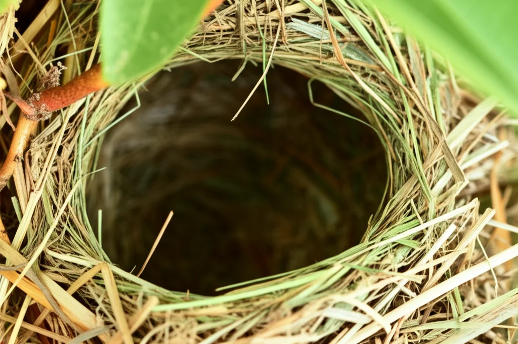 Macro fotografia di un nido di uccello tessitore vuoto, che mostra l'intricato intreccio di diverse fibre vegetali come rametti, foglie ed erba; illuminazione naturale morbida, alta definizione, obiettivo macro 100mm, messa a fuoco precisa sulla texture.