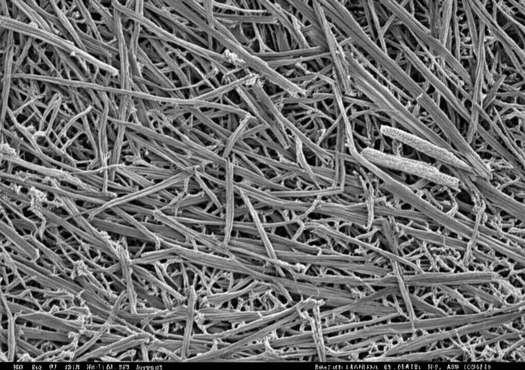 Immagine al microscopio elettronico a scansione (FE-SEM) ad alto ingrandimento di un campione composito N2 fratturato dopo un test di trazione. Si vedono chiaramente diverse fibre naturali spezzate e sfilate dalla matrice epossidica, con evidenza di una buona adesione e una microstruttura complessa simile a Voronoi. Alta definizione, dettagli precisi.