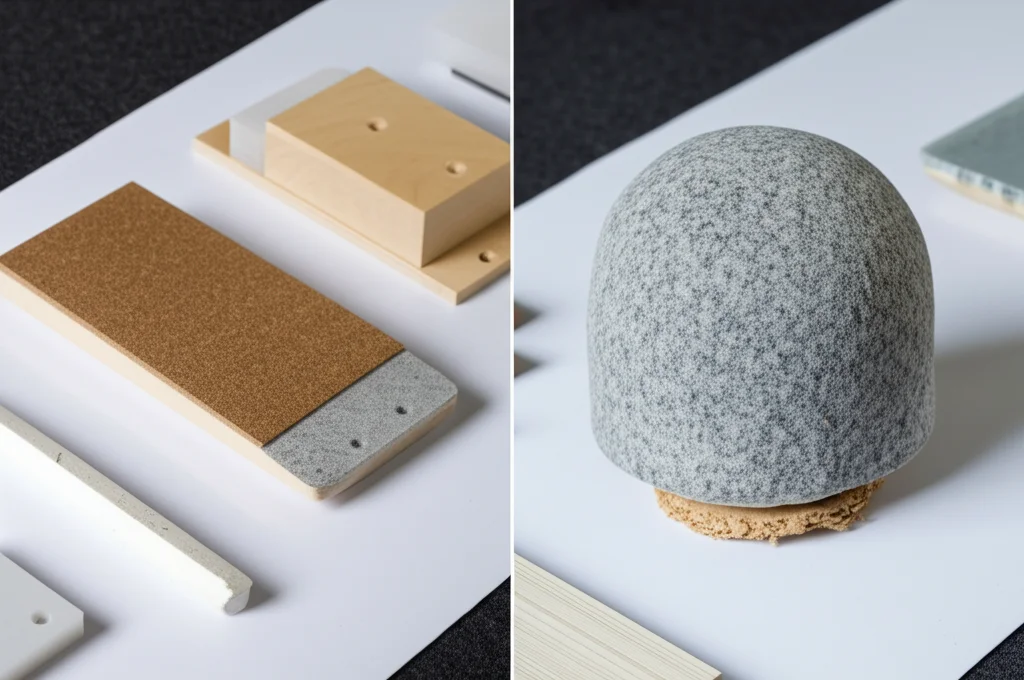 Fotografia di prodotto still life di diversi oggetti realizzati con il composito N2 bio-ispirato: un pezzo di tavola da skateboard, un pannello leggero e un campione per test. Illuminazione da studio controllata, alta definizione, obiettivo macro 60mm, focus sui dettagli della texture superficiale.