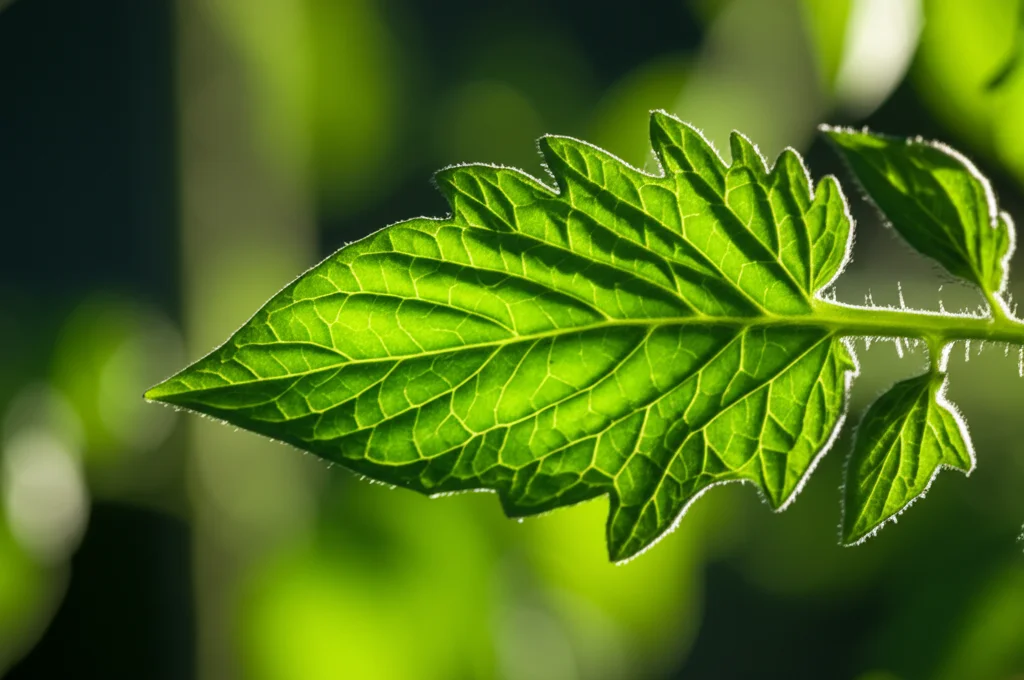 Macro fotografia di una foglia di pomodoro sana e vibrante, illuminata da luce solare diffusa. Lente macro 90mm, alta definizione, messa a fuoco precisa sulle nervature della foglia, sfondo leggermente sfocato per enfatizzare il soggetto. Colori naturali e vividi.