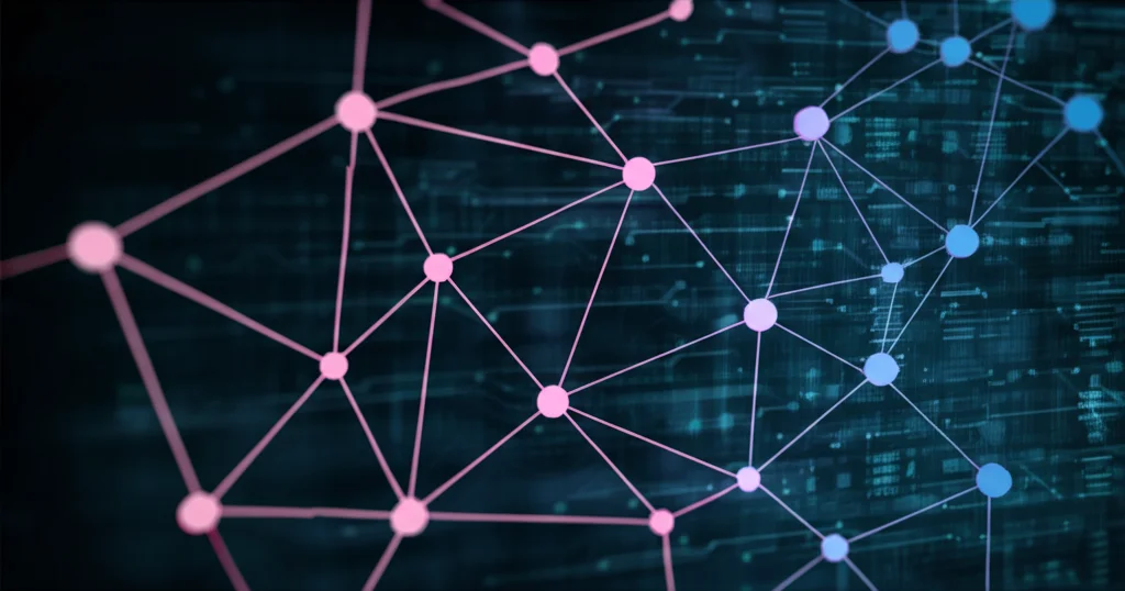 Visualizzazione grafica astratta di reti di interazione molecolare. Nodi luminosi di diversi colori (blu, verde, rosa) rappresentano lncRNA, miRNA e geni, collegati da linee sottili su uno sfondo scuro e tecnologico. L'immagine evoca complessità e connessione a livello cellulare.