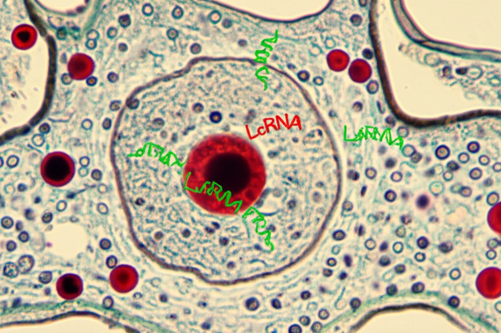 Micrografia elettronica stilizzata di una cellula radicale di pomodoro. Si vedono chiaramente il nucleo e il citoplasma. Piccole icone rappresentanti molecole di lncRNA sono distribuite sia nel nucleo che nel citoplasma, evidenziando la loro diversa localizzazione subcellulare. Lente macro 100mm, alta definizione, colori tenui per un aspetto scientifico.