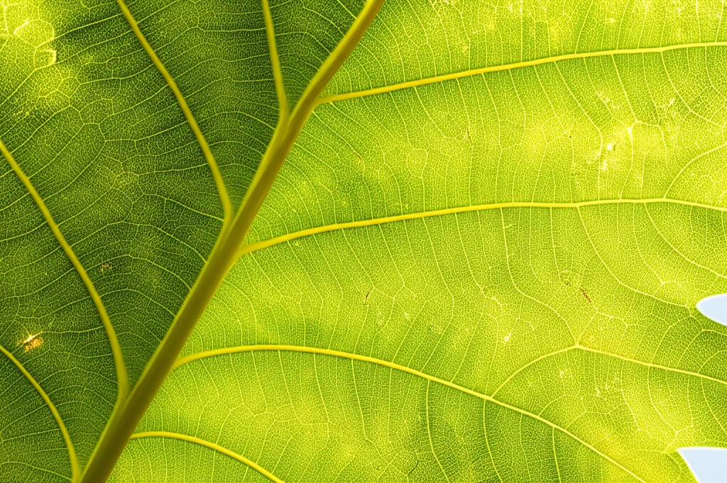Macro fotografia di una foglia di Platanus × acerifolia illuminata dal sole, obiettivo macro 100mm, alta definizione, focus preciso sulle venature e sulla struttura cellulare della superficie fogliare, luce naturale brillante che evidenzia i dettagli.