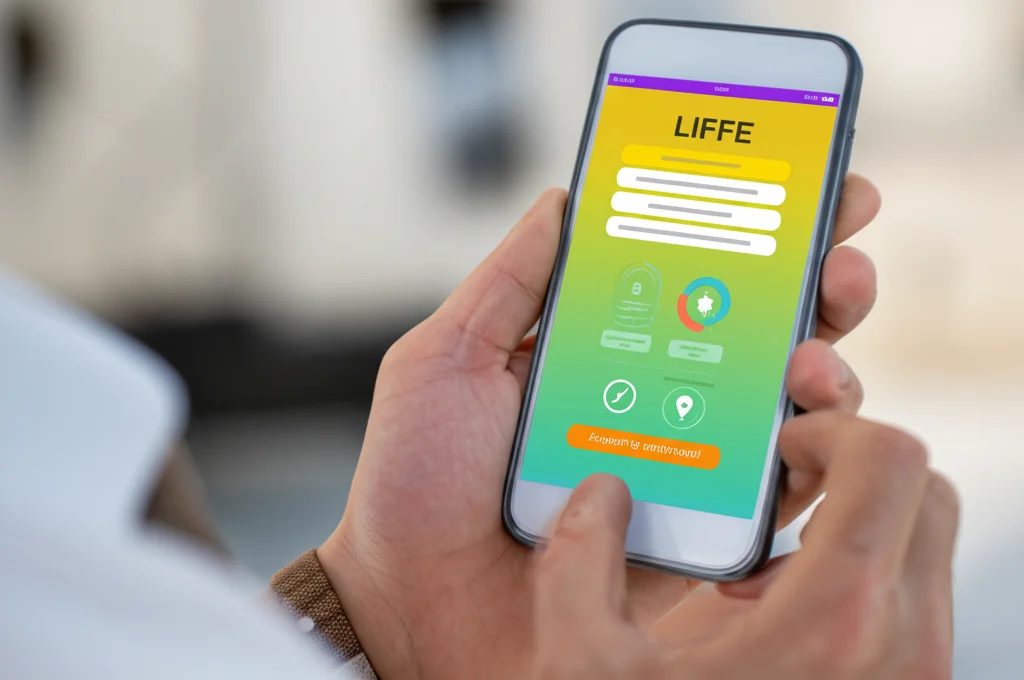 Primo piano di uno smartphone tenuto in mano da un giovane adulto. Sullo schermo è visibile l'interfaccia colorata e interattiva dell'app LIFFE, con grafici sui progressi e messaggi motivazionali. L'ambiente circostante è sfocato, mettendo in risalto il dispositivo e l'interazione dell'utente. Luce naturale e morbida. Macro lens, 85mm, high detail, precise focusing.