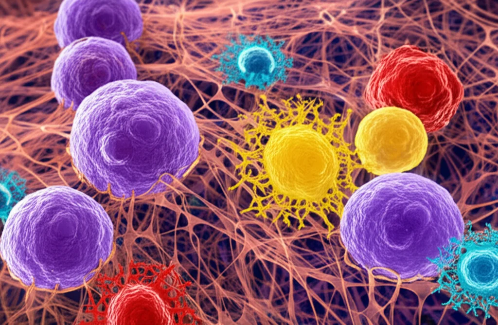 Illustrazione fotorealistica del microambiente tumorale della vescica. Cellule tumorali (viola) interagiscono con diverse cellule immunitarie: linfociti T CD8+ (ciano) che attaccano, macrofagi M2 (giallo) e mastociti (rosso) nelle vicinanze. Matrice extracellulare visibile come una rete fibrosa. Obiettivo macro 85mm, alta definizione, illuminazione drammatica che evidenzia le interazioni cellulari.
