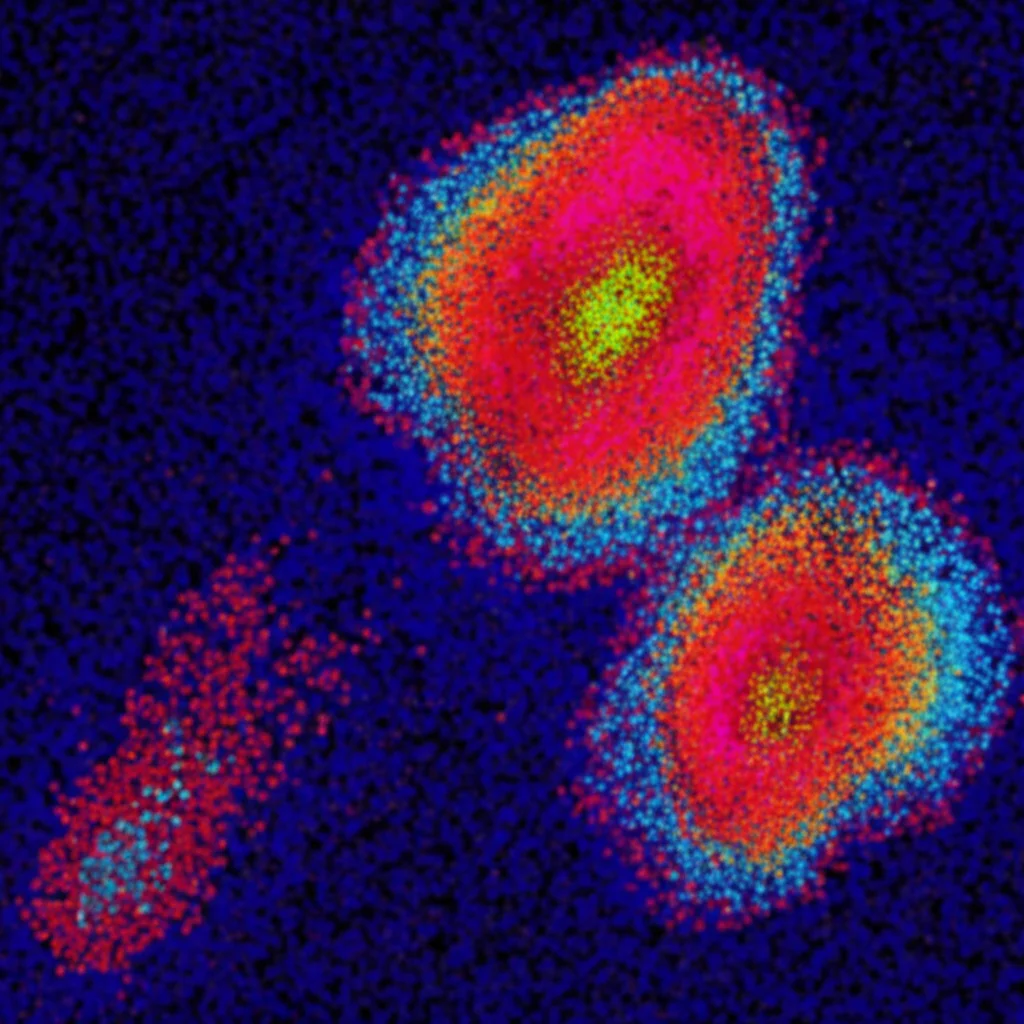 Grafico UMAP fotorealistico derivante da analisi single-cell RNA-seq. Migliaia di punti colorati rappresentano singole cellule, raggruppate in cluster distinti. Un cluster specifico (es. rosso brillante) è evidenziato per mostrare l'alta espressione del gene ANLN. Sfondo digitale astratto, alta risoluzione, colori vivaci, focus nitido sui cluster.