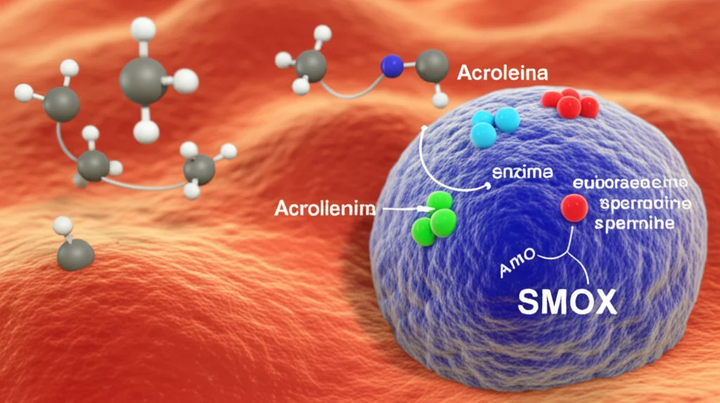 Illustrazione 3D di una cellula umana con evidenziate le molecole di poliammine (putrescina, spermidina, spermina) e l'enzima SMOX che catalizza la degradazione della spermina. Sullo sfondo, molecole di acroleina stilizzate come piccole bombe rosse. Macro lens, 80mm, high detail, controlled lighting.