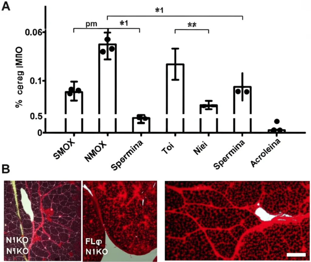 Grafico scientifico stilizzato che mostra l'aumento dell'espressione di SMOX e la diminuzione della spermina nei topi N1KO rispetto ai controlli. Accanto, una micrografia a fluorescenza del fegato di topo N1KO che mostra un'elevata presenza di acroleina (segnale rosso brillante) nei tessuti. Wide-angle, 15mm, sharp focus.