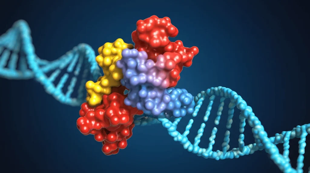Animazione 3D che mostra il fattore di trascrizione NRF1 (struttura proteica stilizzata) che si lega a una sequenza specifica del DNA (ARE nel promotore del gene Smox), bloccando l'accesso alla RNA polimerasi e quindi sopprimendo la trascrizione. Macro lens, 60mm, high detail, precise focusing.