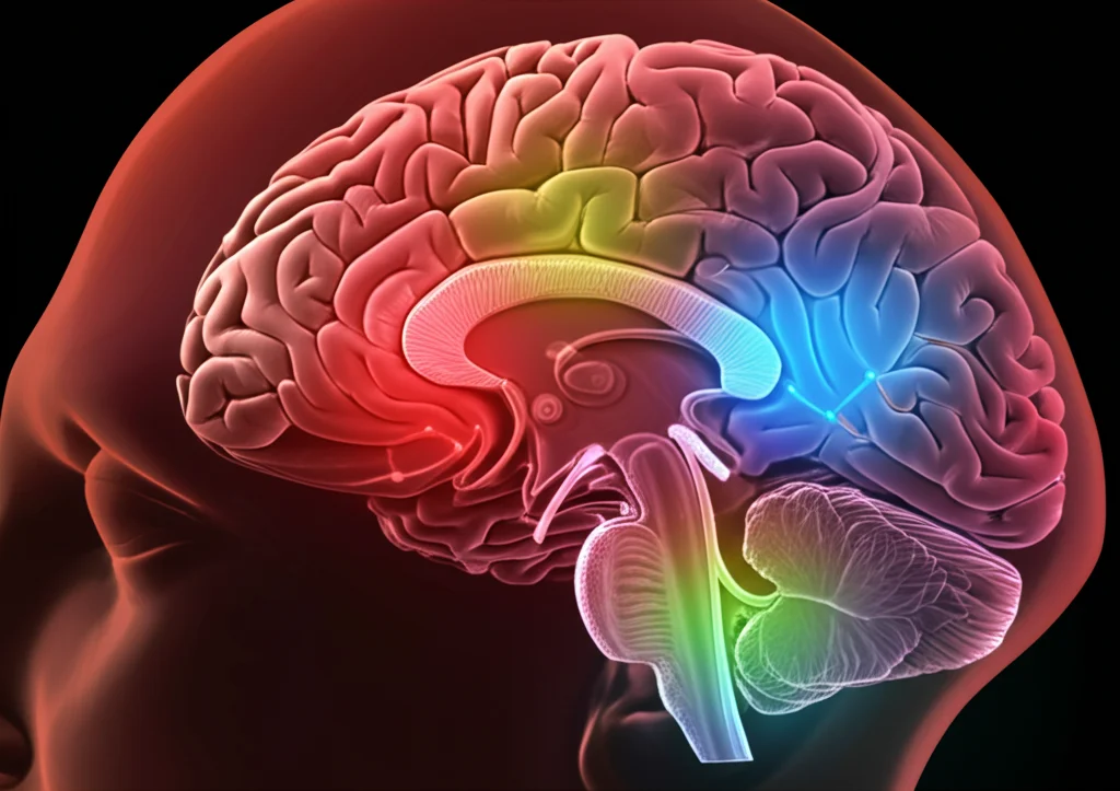 Immagine macro dettagliata di un modello anatomico del tronco encefalico umano con sovrapposizioni grafiche luminose che indicano flussi di informazioni sensoriali (visive, vestibolari, propriocettive) verso la corteccia, alcune connessioni appaiono deboli o interrotte, illuminazione controllata, obiettivo macro 100mm, alta definizione.