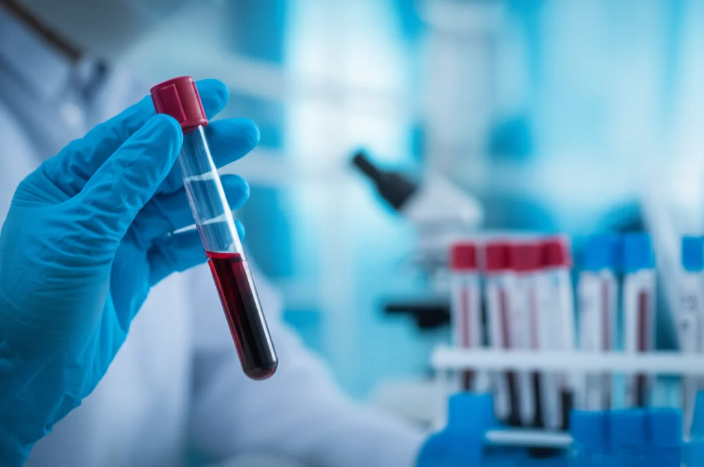 Primo piano di una provetta di sangue tenuta da una mano guantata in un laboratorio di ricerca medica, luce controllata, obiettivo macro 90mm, alta definizione, sfondo sfocato con attrezzature scientifiche.