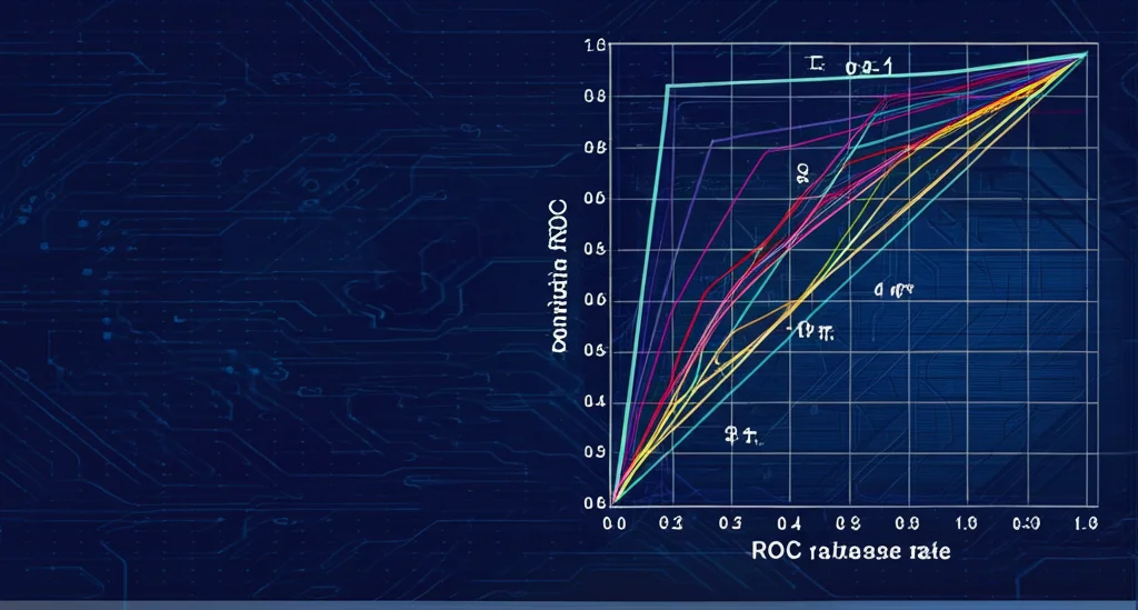 Grafico astratto che mostra le curve ROC per diversi biomarcatori (HMOX1, BDNF, LOX-1, IP-10) con colori distinti, su uno sfondo high-tech blu scuro, rappresentazione fotorealistica.