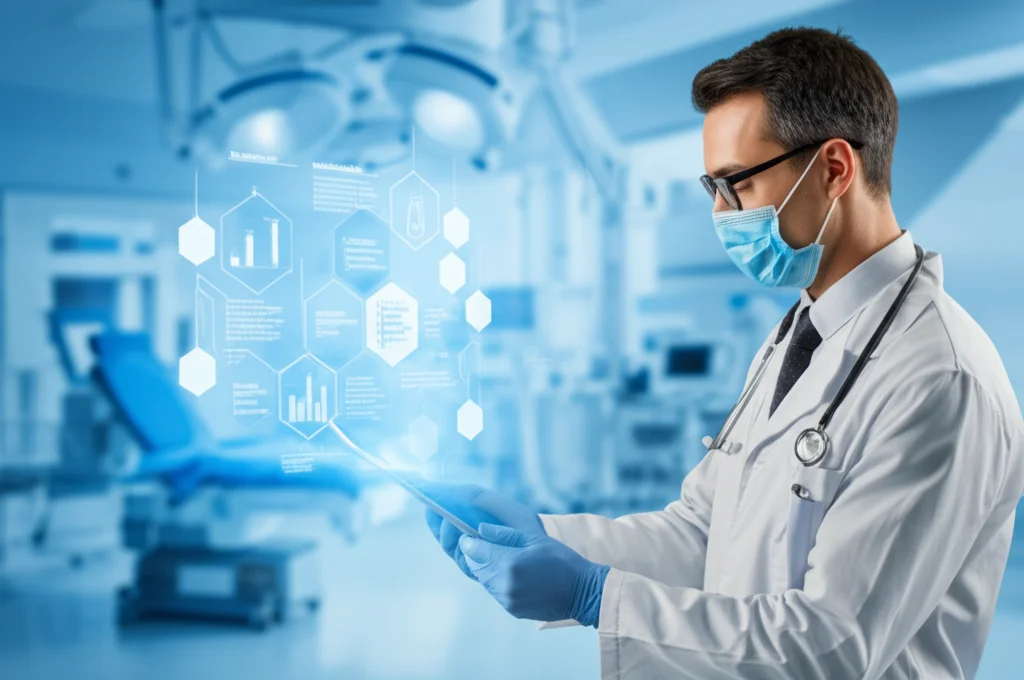 Illustrazione fotorealistica di un medico che osserva i risultati di un'analisi del sangue su un tablet in un ambiente ospedaliero moderno e luminoso, focus sui dati dei biomarcatori, obiettivo 50mm, profondità di campo.