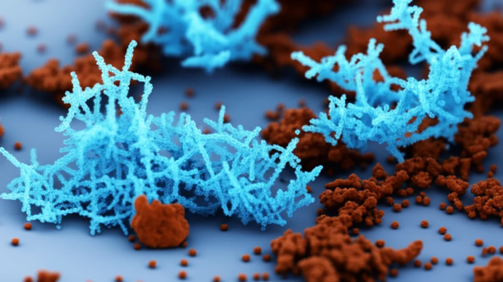 Fotografia macro, lente 80mm, di strutture molecolari di zuccheri stilizzate che brillano debolmente di blu accanto a piccole particelle color ruggine (ferro) su un banco di laboratorio pulito, illuminazione controllata, alta definizione.