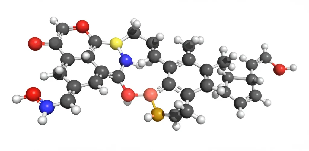 Immagine fotorealistica di un modello molecolare complesso che rappresenta il donatore diazo-tioglicosidico MDMPA, evidenziando la vicinanza del gruppo diazo e dell'atomo di zolfo sull'anello fenilico, messa a fuoco precisa, illuminazione da studio.
