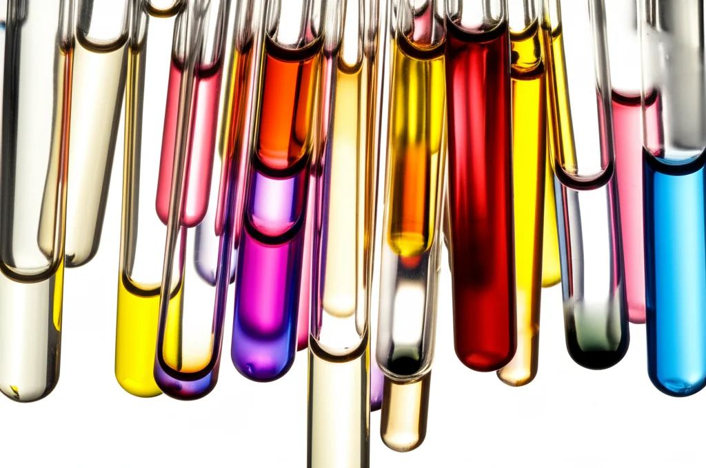 Natura morta, lente macro 100mm, che mostra fiale contenenti diverse soluzioni colorate rappresentanti reazioni di glicosilazione riuscite con vari zuccheri e modelli di strutture di biomolecole come il colesterolo, alta definizione, messa a fuoco precisa.