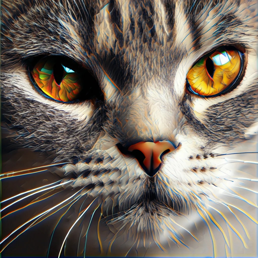 Primo piano del volto di un gatto domestico a pelo corto, l'immagine è analizzata da sovrapposizioni digitali astratte che rappresentano l'analisi AI delle espressioni facciali, obiettivo prime 35mm, profondità di campo, illuminazione da studio controllata.