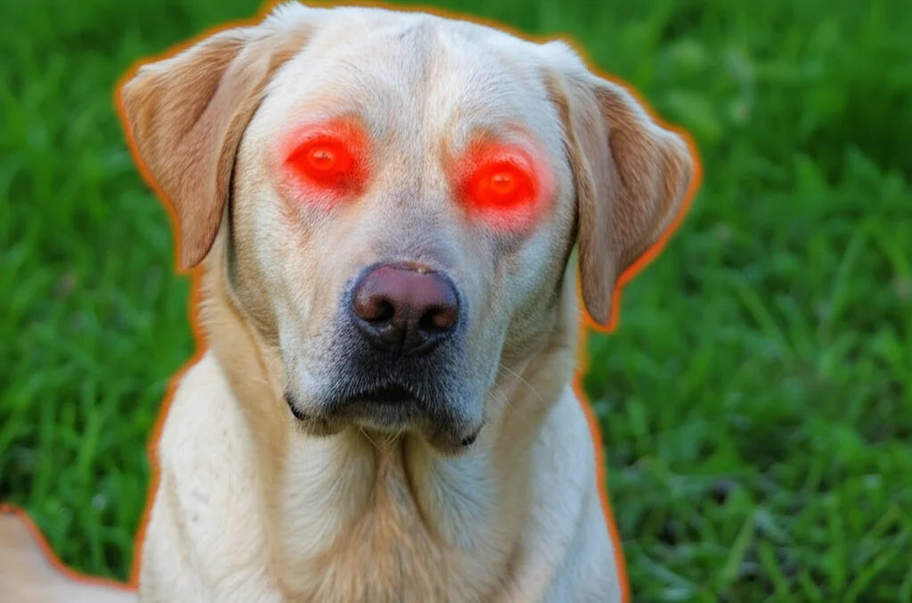 Volto di un cane Labrador Retriever con una mappa di calore (saliency map) sovrapposta che evidenzia l'area degli occhi in rosso vivo, obiettivo 50mm, stile documentaristico scientifico, illuminazione naturale.