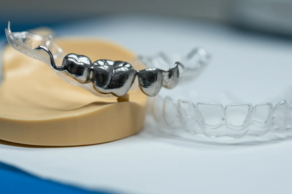 Fotografia macro, obiettivo 85mm, di un piccolo e complesso dispositivo dentale in metallo stampato in 3D con ganci, posizionato accanto a un allineatore trasparente in plastica su una superficie pulita e moderna di un laboratorio odontotecnico. Alto dettaglio, messa a fuoco precisa, illuminazione controllata e leggermente fredda.