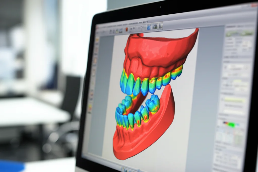 Schermata di computer che mostra un modello 3D colorato di analisi agli elementi finiti di denti e osso mascellare, evidenziando pattern di distribuzione dello stress in rosso e blu. Focus sullo schermo, con una leggera profondità di campo che sfoca l'ambiente di ufficio sullo sfondo. Obiettivo 35mm.